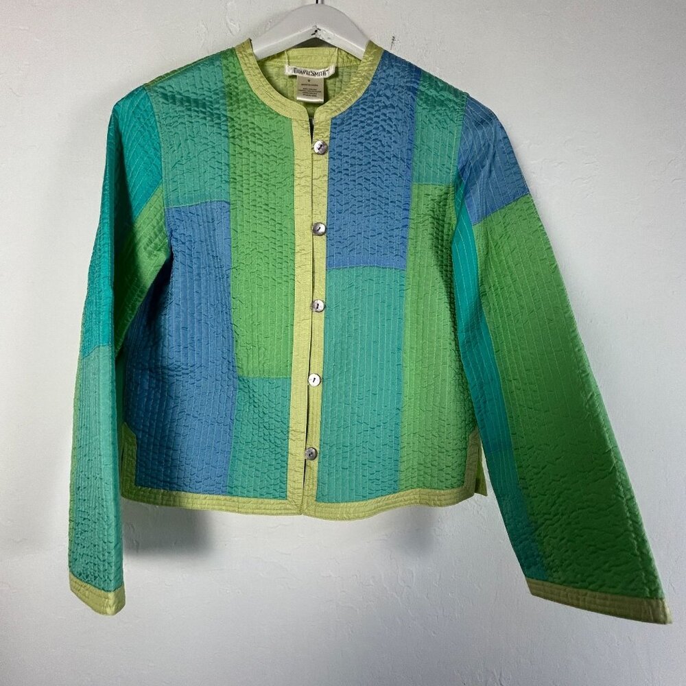 TravelSmith Womens Silk Reversible Quilted Jacket Small Green Blue Patchwork